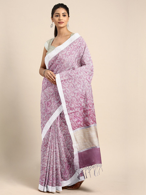 

Neerus Pink & White Tissue Printed Saree