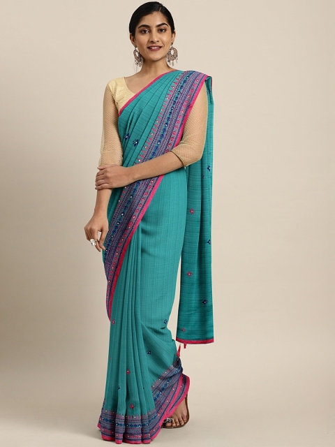 

Neerus Sea Green & Pink Poly Chiffon Embroidered Saree with Mirror Work