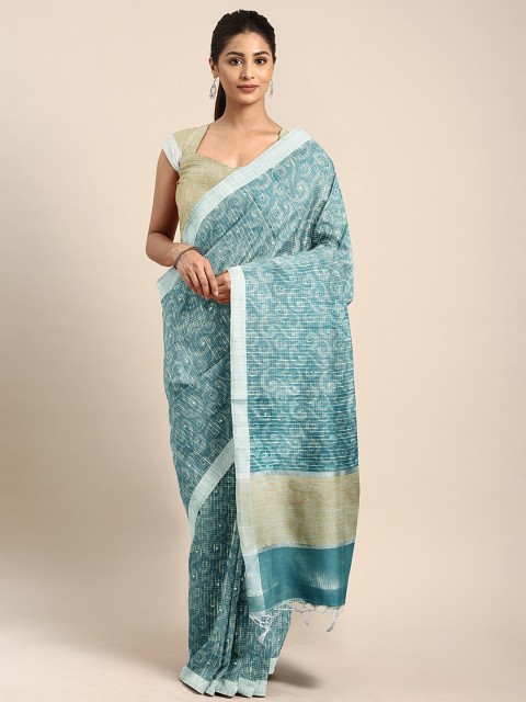 

Neerus Blue & Off-White Tissue Printed Saree with Mirror Work