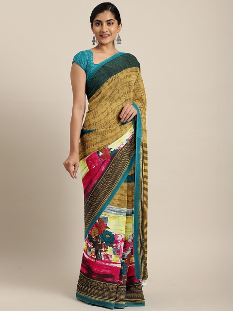 

Neerus Mustard & Pink Poly Georgette Printed Saree