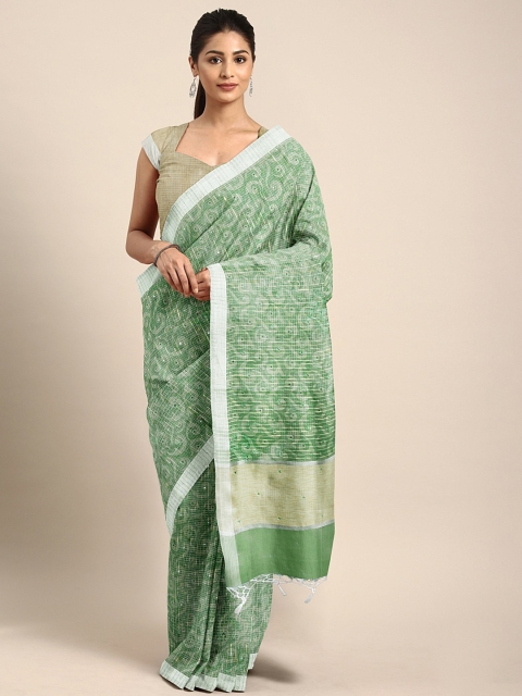 

Neerus Green & Beige Tissue Printed Saree with Mirror Work