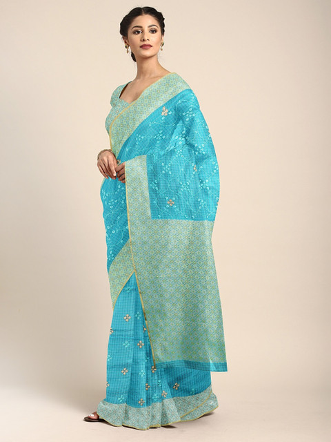 

Neerus Blue Floral Embroidered Silk Cotton Saree