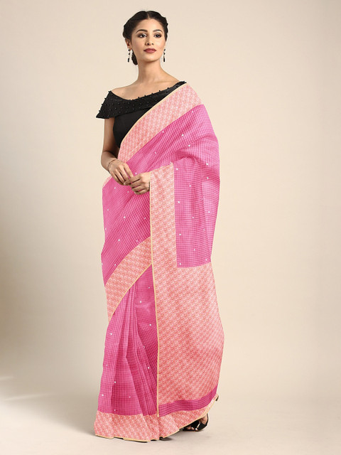 

Neerus Pink Embroidered Silk Cotton Saree