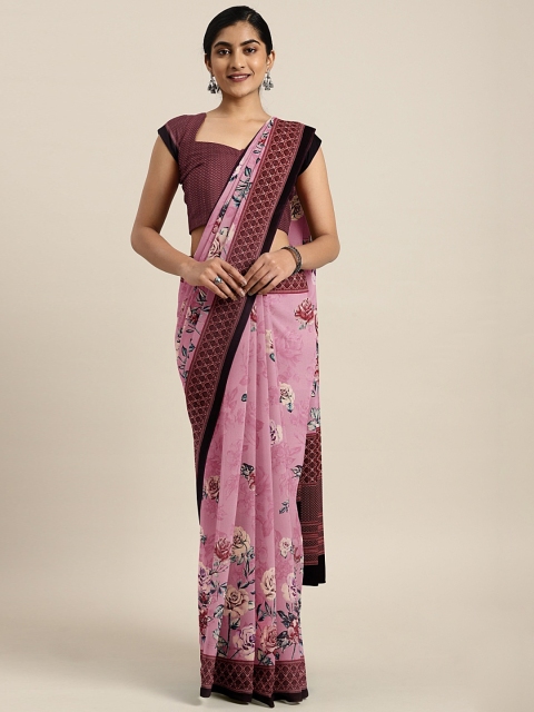 

Neerus Pink & Burgundy Poly Crepe Printed Saree