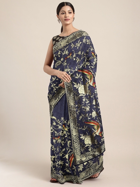 

Neerus Navy Blue & Gold-Toned Silk Cotton Woven Design Saree