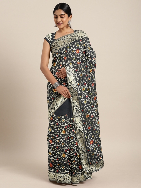 

Neerus Black & Gold-Coloured Silk Cotton Floral Printed Saree