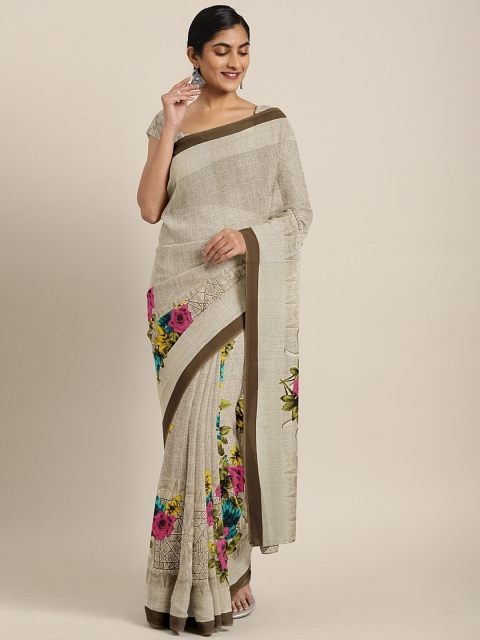 

Neerus Beige Floral Printed Poly Georgette Saree