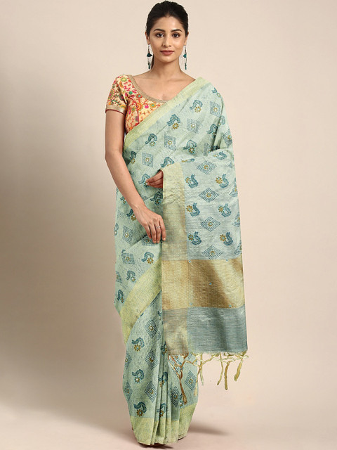 

Neerus Beige & Blue Tissue Printed Saree