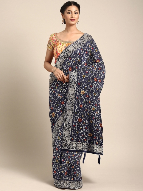 

Neerus Navy Blue & Gold-Toned Silk Cotton Floral Woven Design Saree