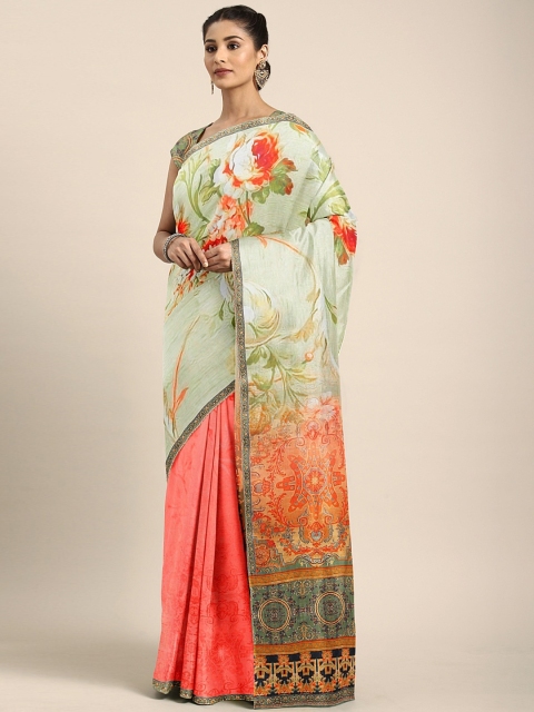 

Neerus Pink & Green Poly Crepe Printed Saree