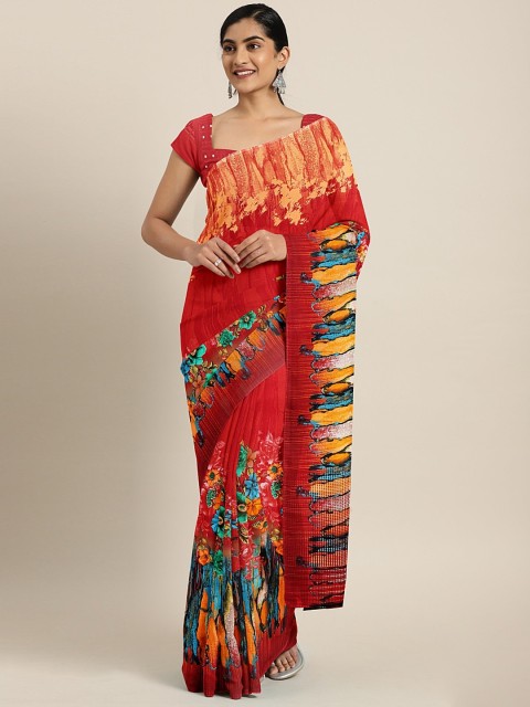

Neerus Red & Blue Poly Georgette Printed Saree