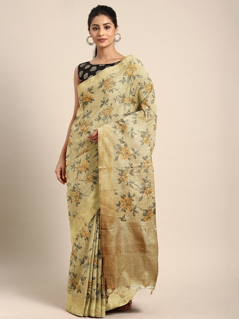 

Neerus Gold-Toned & Green Tissue Printed Saree