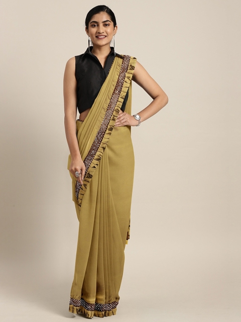 

Neerus Khaki Solid Poly Crepe Saree with Ruffle Detailing