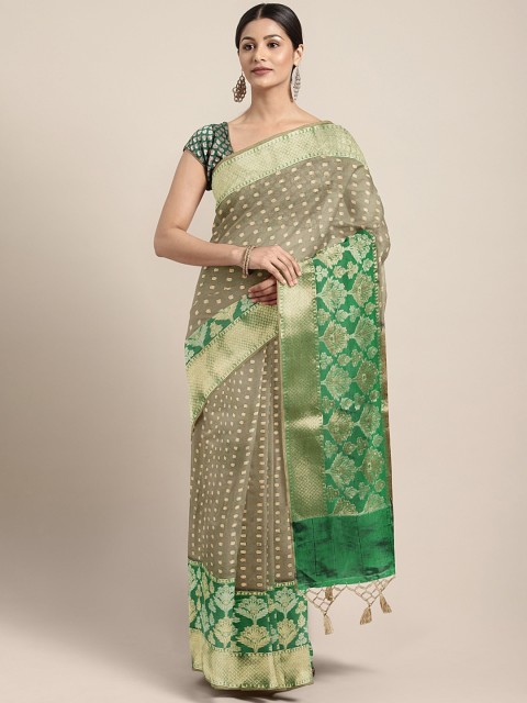 

Neerus Grey & Green Organza Woven Design Saree