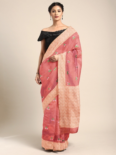 

Neerus Peach-Coloured Floral Embroidered Silk Cotton Saree