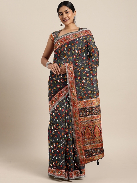 

Neerus Black & Red Silk Cotton Floral Printed Saree