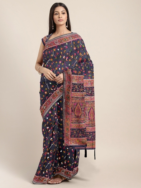 

Neerus Navy Blue & Pink Silk Cotton Printed Saree