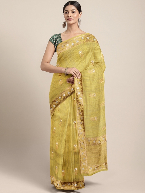

Neerus Olive Green Floral Woven Design Silk Cotton Saree