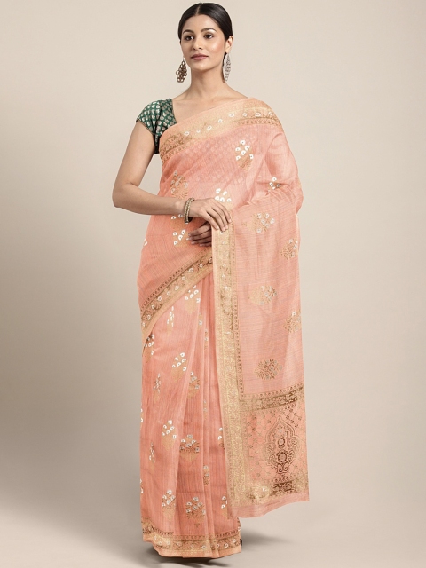 

Neerus Peach-Coloured Floral Woven Design Silk Cotton Saree