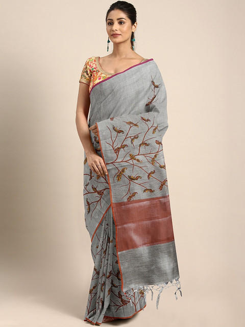 

Neerus Grey & Brown Tissue Printed Saree
