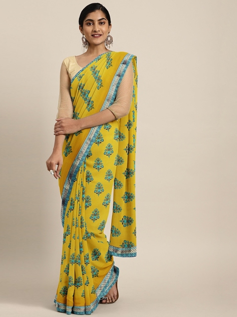 

Neerus Mustard Yellow & Teal Blue Poly Georgette Floral Printed Saree