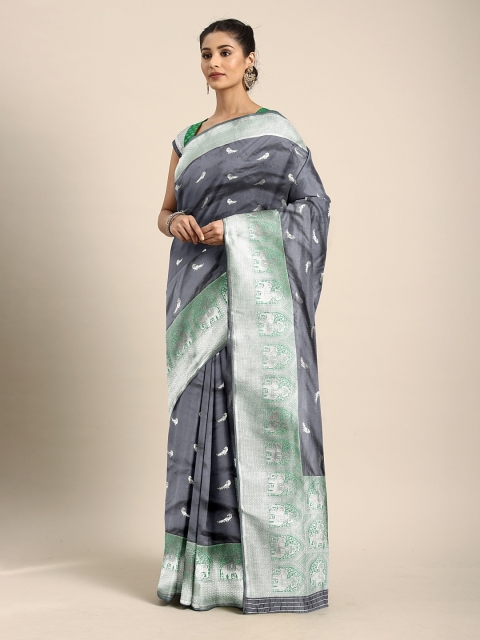 

Neerus Charcoal Grey & Silver-Toned Pure Silk Woven Design Saree