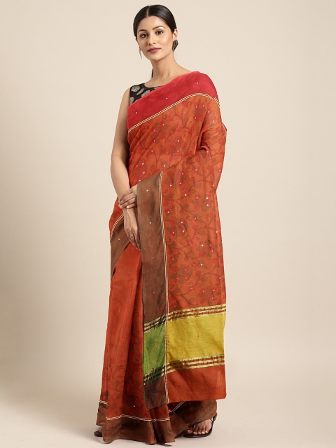 

Neerus Rust Red & Green Silk Cotton Printed Saree with Mirror work