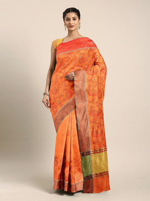 

Neerus Orange & Red Silk Cotton Printed Saree with Mirror Work