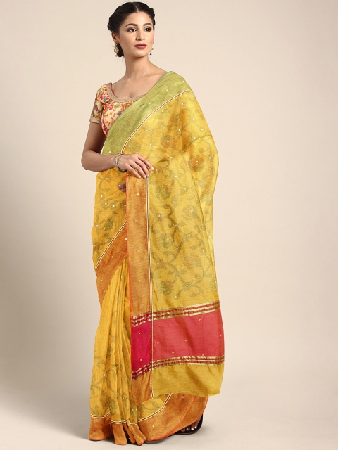 

Neerus Yellow & Green Silk Cotton Printed Saree with Mirror Work