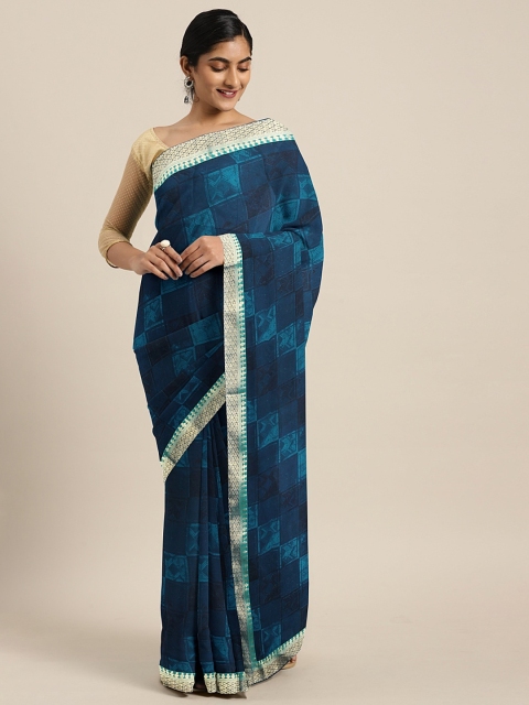 

Neerus Navy Blue Checked Poly Georgette Saree