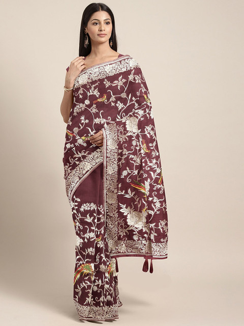 

Neerus Maroon & Gold-Toned Silk Cotton Woven Design Saree