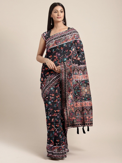 

Neerus Black & Orange Silk Cotton Printed Saree