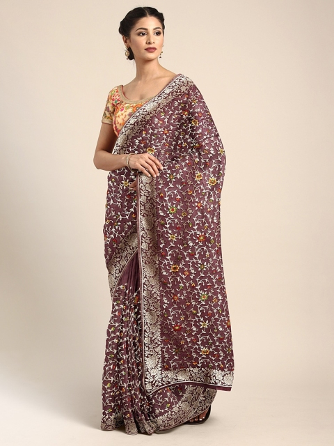 

Neerus Maroon Silk Cotton Floral Woven Design Saree