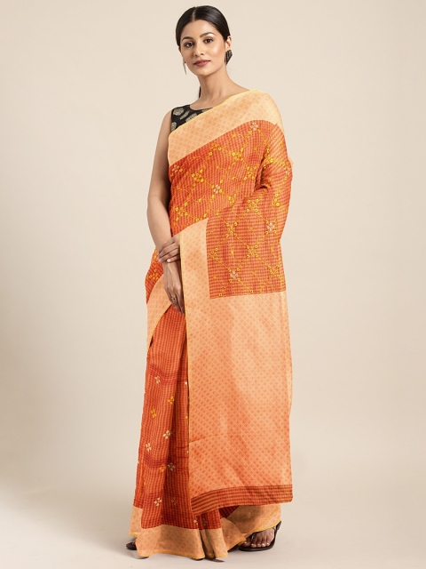 

Neerus Orange & Yellow Silk Cotton Embroidered Saree