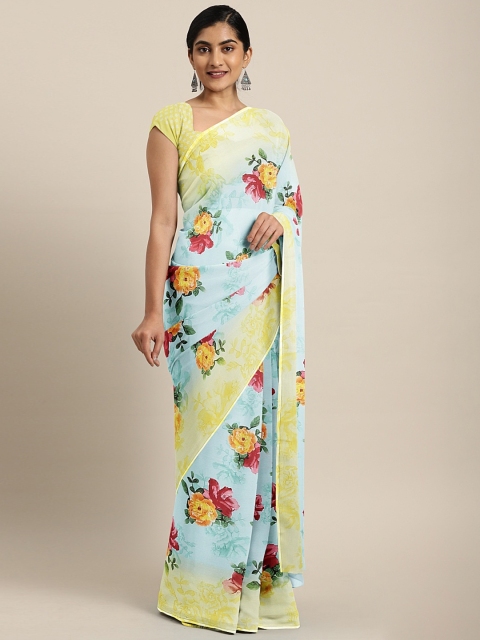 

Neerus Blue & Yellow Poly Georgette Floral Printed Saree