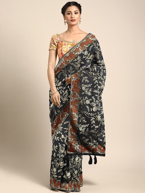 

Neerus Black & Gold-Toned Silk Cotton Floral Woven Design Saree
