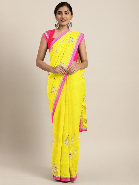 

Neerus Yellow & Pink Poly Crepe Embroidered Saree