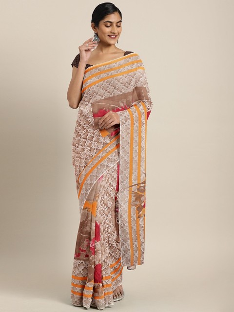 

Neerus Beige & Red Poly Georgette Printed Saree