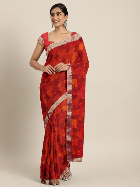 

Neerus Red & Orange Poly Georgette Printed Saree