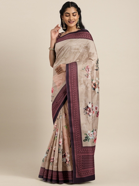 

Neerus Beige & Pink Poly Crepe Printed Saree
