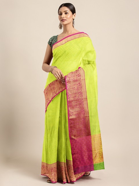 

Neerus Lime Green & Pink Silk Cotton Woven Design Saree