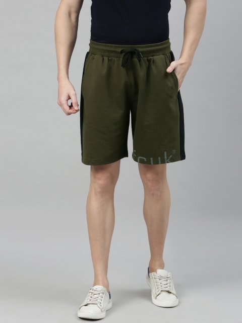 

French Connection Men Olive Green Solid Slim Fit Regular Shorts With Printed Detail