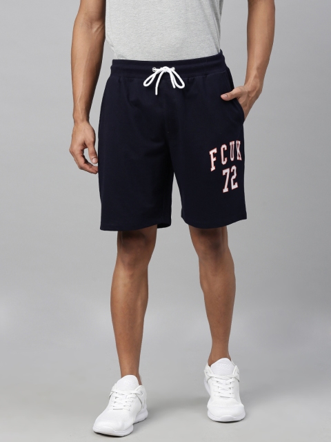 

French Connection Men Navy Blue Solid Slim Fit Regular Shorts with Logo Print