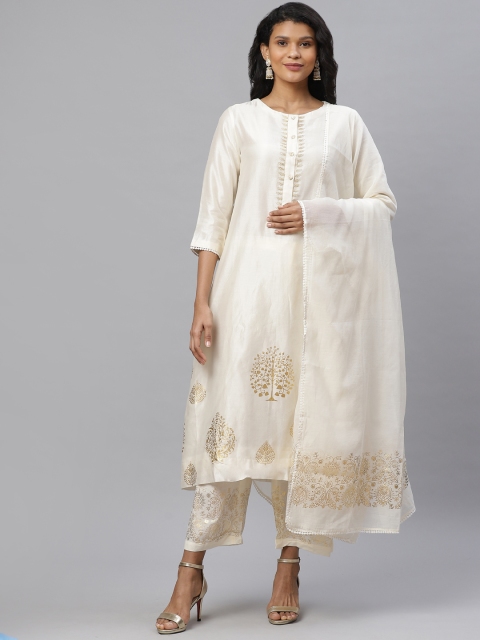 

Biba by Anju Modi Women Off-White & Golden Printed Kurta with Trousers & Dupatta