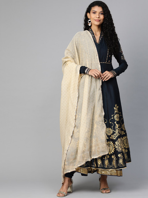 

Biba Women Navy Blue & Golden Printed Anarkali Kurta with Churidar & Dupatta