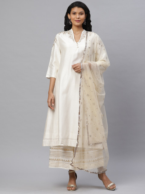 

Biba Women Off-White & Golden Solid Kurta with Palazzos & Dupatta