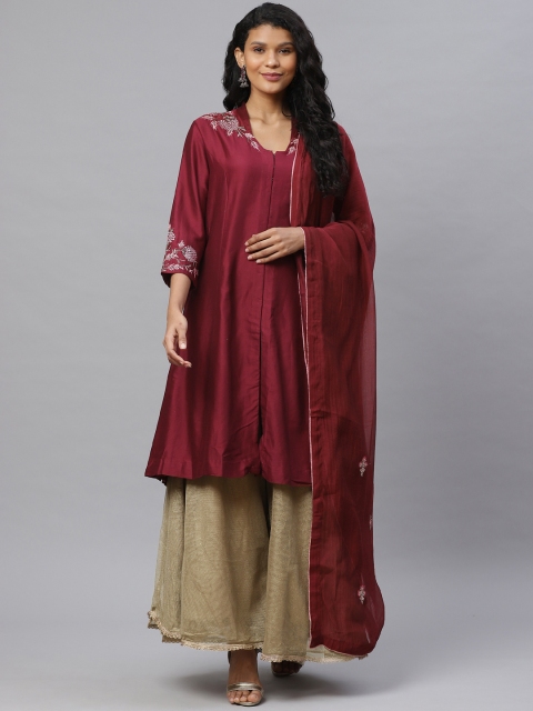 

Biba by Anju Modi Women Maroon & Golden Solid Kurta with Palazzos & Dupatta