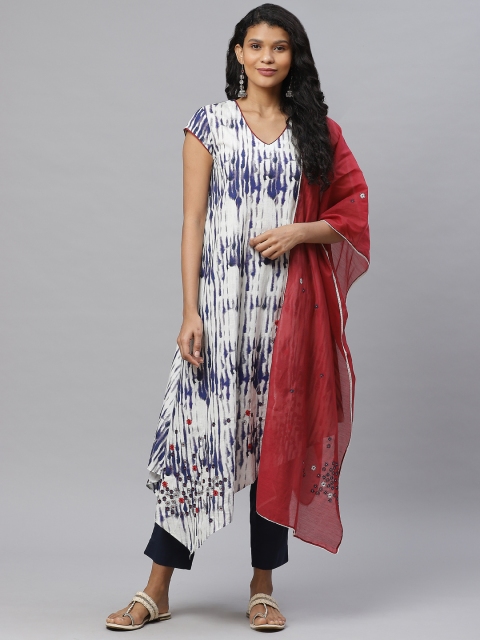 

Biba Women White & Blue Printed Kurta with Trousers & Dupatta