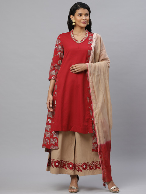 

Biba by Anju Modi Women Red & Beige Solid Kurta with Palazzos & Dupatta
