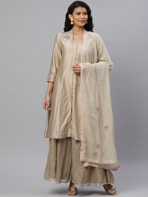 

Biba Women Beige & Pink Embroidered Detail Kurta with Palazzos & Dupatta